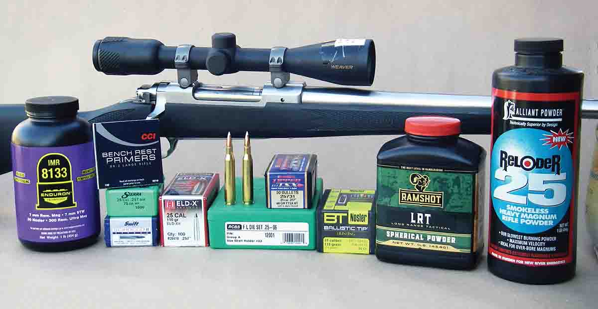 A Ruger 77 Mark II All-Weather .25-06 Remington with a Weaver 3-12x 42mm Grand Slam scope was used to test new powder and bullet combinations.